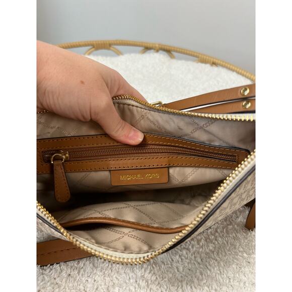 Michael Kors Half Moon White Monogrammed Leather Tassel Side Body Purse - Picture 3 of 11